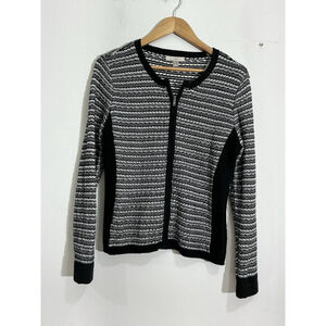 Womans Roz & Ali Black White Zip Up Cardigan Sweater Medium